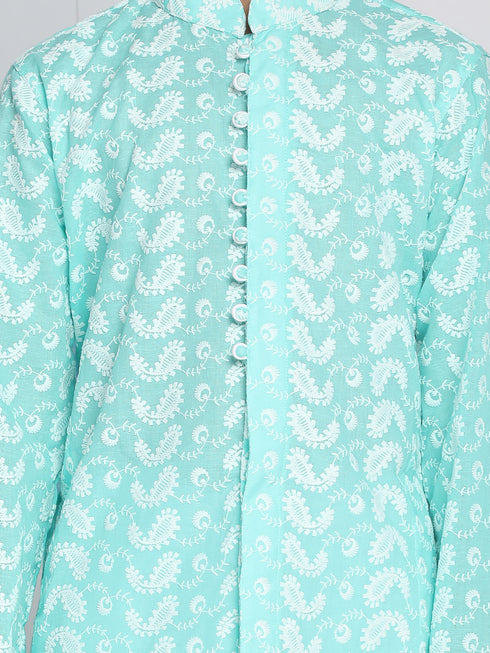 Boy's Green Chikankari Kurta With White Pyjama Set